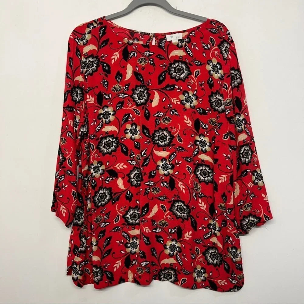 J Jill Floral Blouse L Coral / Red Blouse Tunic